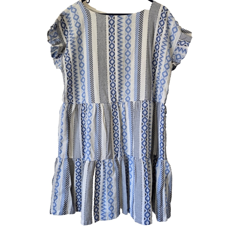 LOFT Striped Flutter Sleeve Tiered Dress Blue White Mixed Stripe Cotton Blend XL